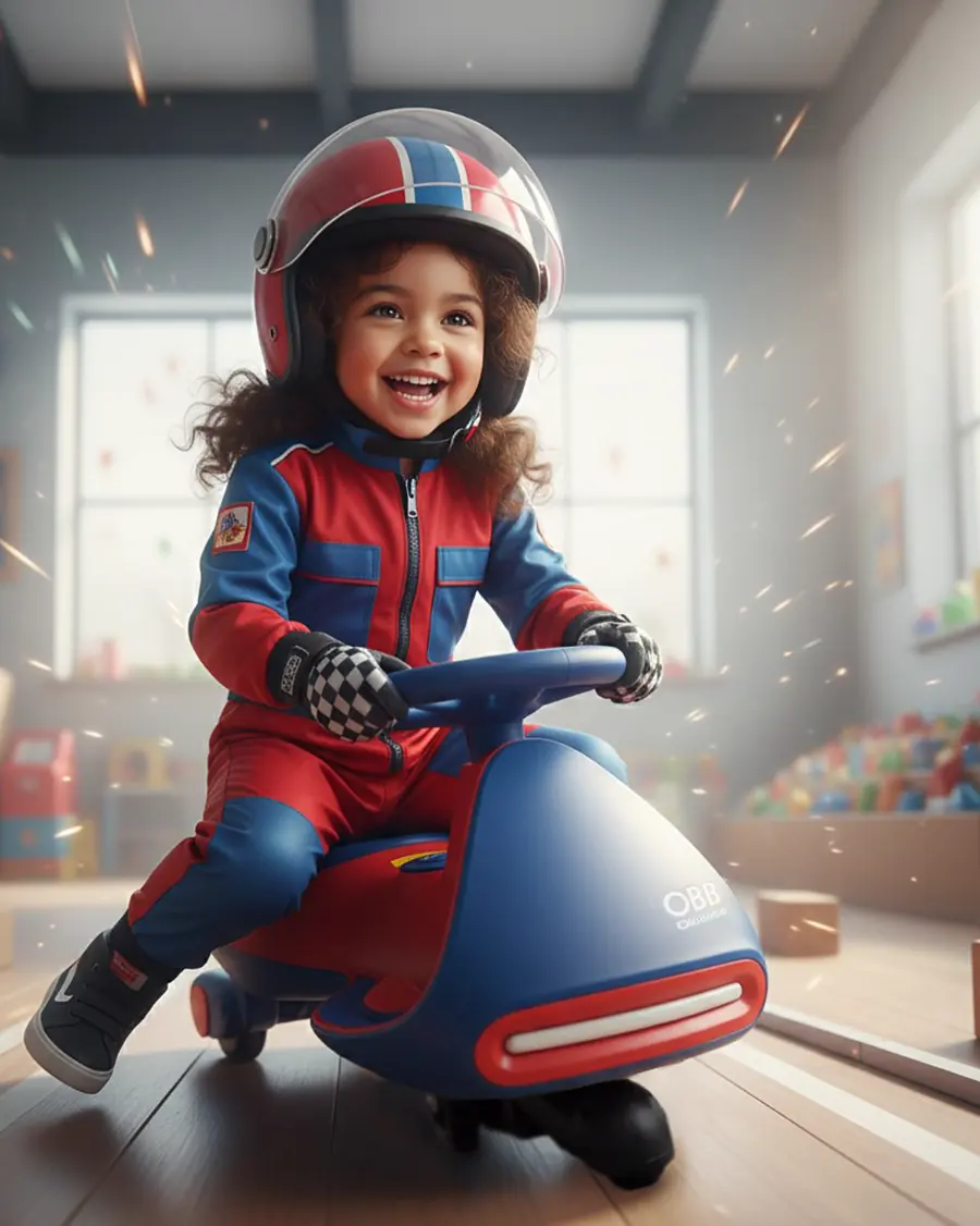 Menina de capacete no Carrinho Elétrico Rolimã 360° Azul/Vermelho